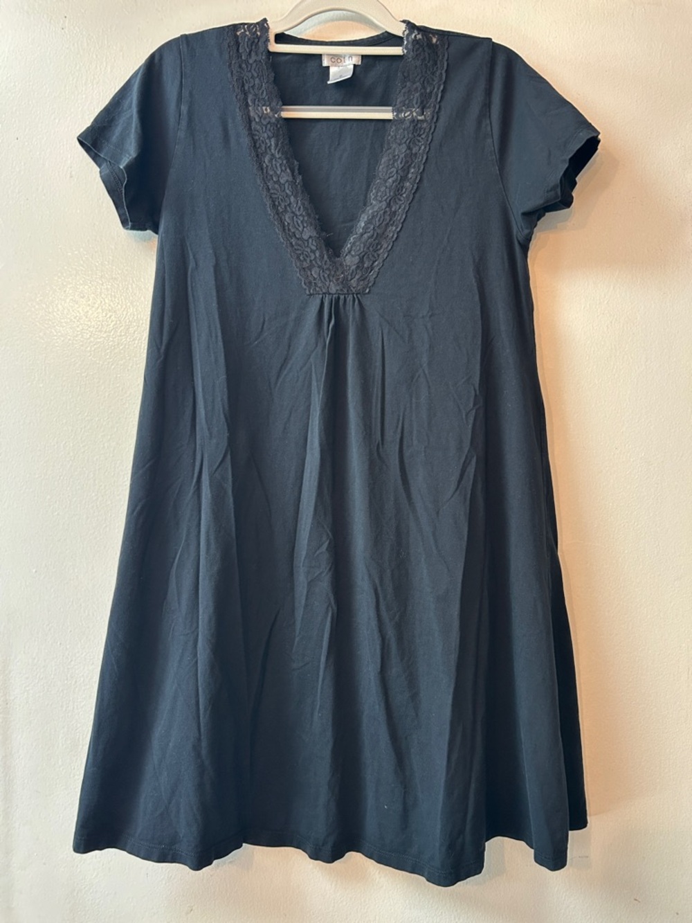 Black Lace-Trim V-Neck Swing Sleep Dress- 100% cotton